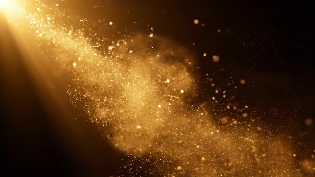 Brilliant stream golden glittering particles illuminated powerful spotlight, for luxury, achievement, festive celebration, elegance, magical energy, premium high-quality design presentation
