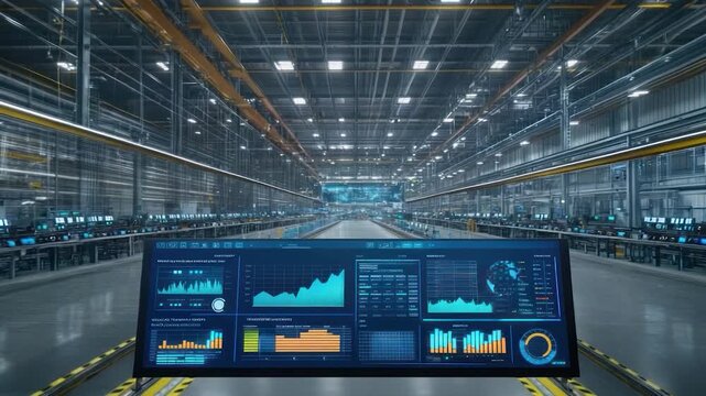 Interior view of vast industrial space, focus on data display, with rows of computer screens