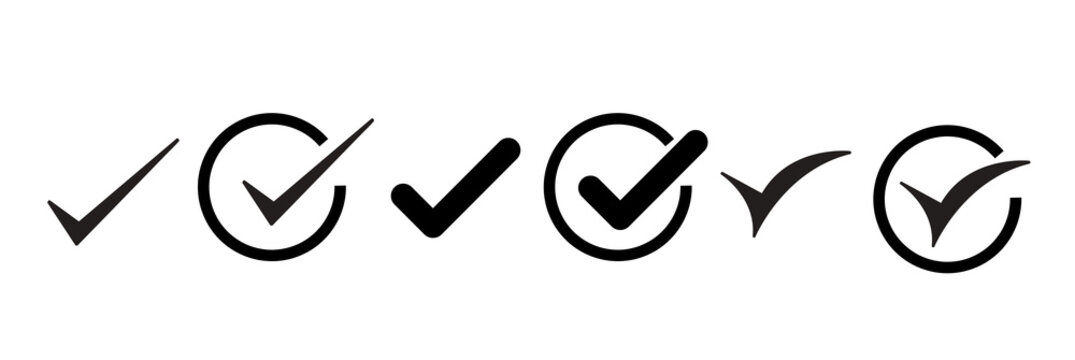 Check mark icon set, tick mark sign, approved, correct, tested, verified, like, check mark icon vector	