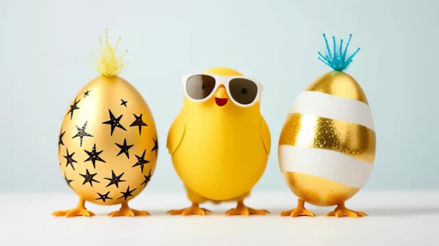 Stylish Easter chick and metallic eggs with patterns and sunglasses on pastel background