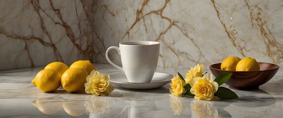 Coffee cup with lemons on marble