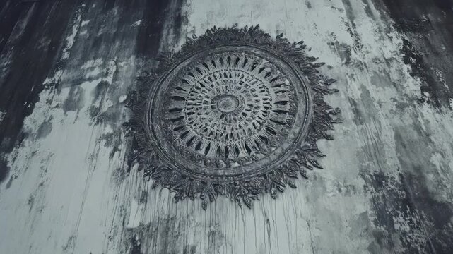 Monochromatic, circular, ornate architectural detail against a weathered, textured wall. Features intricate patterns