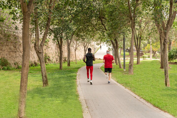 Rear view of Personal trainer jogging with senior man in park
