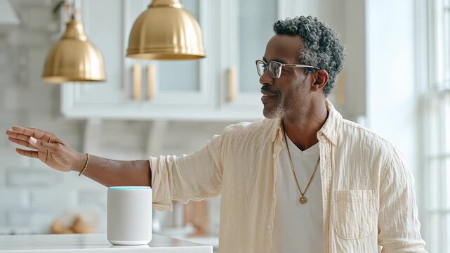 Smiling man interacting with smart speaker in modern kitchen
