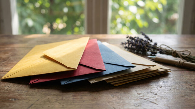 A stack of colorful envelopes and lavender on a wooden table by a window