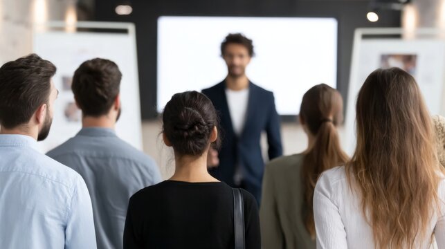 Academic rear view of diverse audience members listening to a male coach, teacher, or trainer presenting at a corporate event or workshop