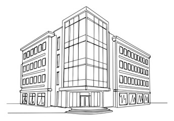 Modern commercial office building exterior with glass facade in elegant line art drawing