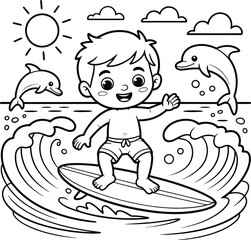 A cheerful toddler surfing with dolphins in the ocean on a sunny day