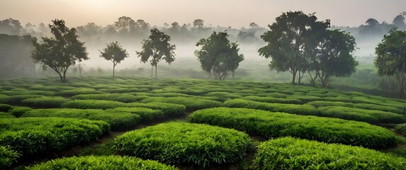Foggy tea orchard view
