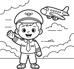 Little boy dressed as pilot waving with airplane flying in clouds