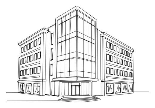 Modern commercial office building exterior with glass facade in elegant line art drawing