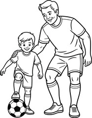 Man and boy playing soccer together