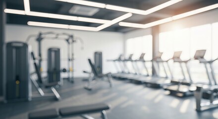 Fototapeta premium Serene Atmosphere in a Brightly Lit Minimalistic Gym with Blurred Weights Equipment for Tranquility