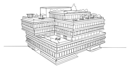 Continuous line drawing of a modern office building with green roof terraces and outdoor seating © InsomniaVideo