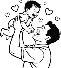 A man playfully lifts a laughing baby surrounded by hearts in the air