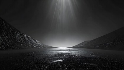 Dramatic Heavenly Light Beam Over Dark Mountain Landscape Background