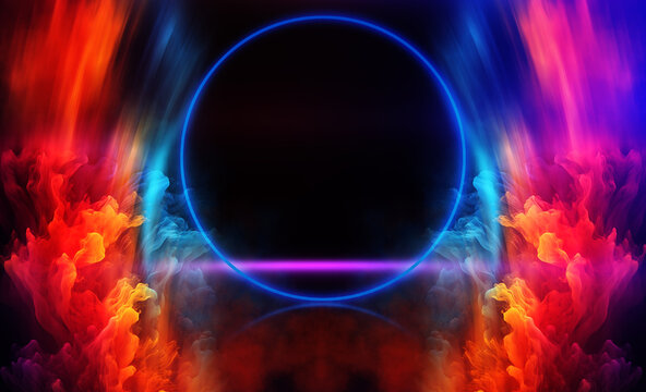 Background of an empty black corridor with neon light. Abstract background with lines and glow