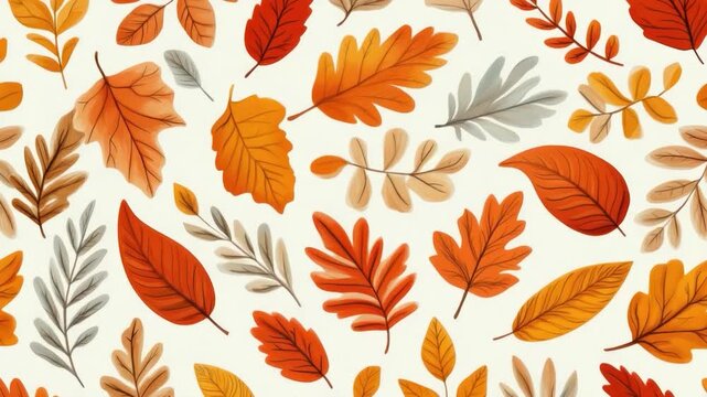 Watercolor leaves of orange, red, and yellow on a white background, creating an autumn pattern