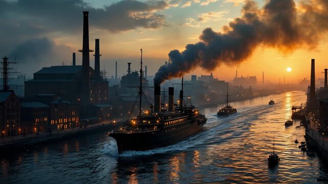 Dramatic Sunset Scene Of Smoky Steamboat Drifting Downstream