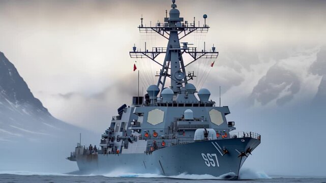 Majestic naval destroyer navigating through misty arctic waters amidst dramatic snowy mountains
