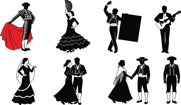 Spanish flamenco dancers silhouettes with guitarist, matador, traditional costumes, cultural performance vector illustration set isolated on white