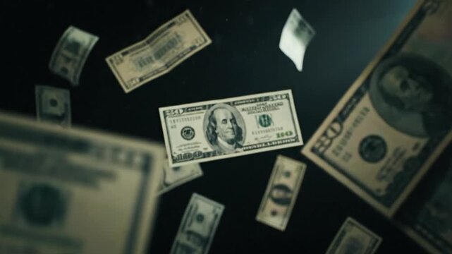 Floating bills of wealth suspended in midair against a dark dramatic background, captured in a striking photographic view of abundance