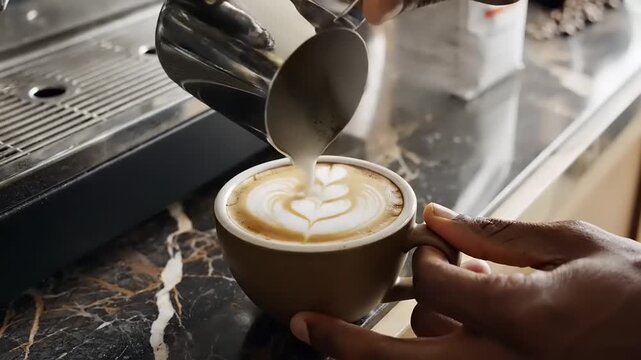 Barista Preparing Coffee Drink with Latte Art.