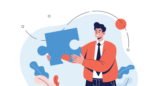 Successful businessman holding a large blue puzzle piece represents finding the right solution or a strategic business plan.