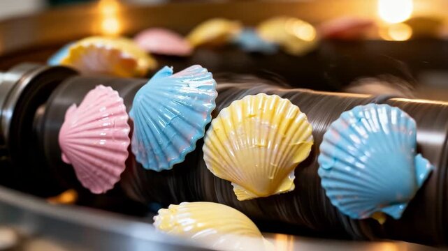 Closeup of pastel sugar shells tumbling inside a rotating drum as they receive a glossy wax coating enhancing their delicate smooth finish under soft lighting.