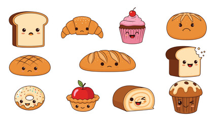 Set of cute bakery food characters with funny faces includes bread, a croissant, a donut, and a muffin with various emotions.