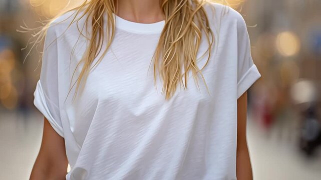 Young woman in white t-shirt posing outdoors under festive string lights