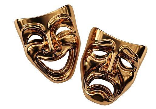 Golden comedy and tragedy theater masks side by side