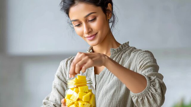 Smiling woman in apron preparing homemade pickles in a cozy kitchen