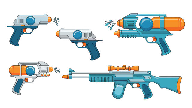 Collection of various water guns and blasters in shades of blue and orange designed for summer fun and outdoor water activities.