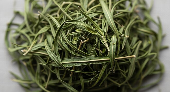 Top view of dried green herbs pile natural organic seasoning ingredients