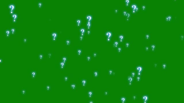 Floating white question mark particles on green screen slow rotating, sideways drifting, fading faq symbol animation loop, abstract confusion concept motion graphics seamless background 4K