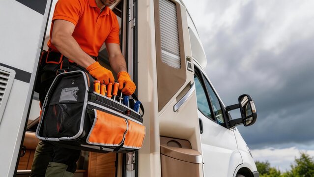 Worker holding tool bag beside van