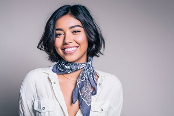 Smiling woman in stylish bandanna and accessories, Studio-lit, casual fashion.