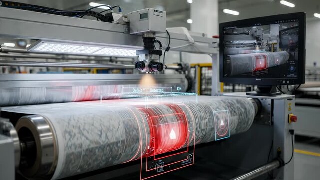Medium shot of AIpowered vision system inspecting production line surfaces for microdefects highlighting realtime inline quality control with precision.