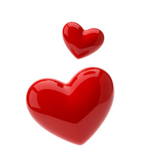 Fototapeta premium Two Glossy Red Hearts Floating Separated, One Larger Than The Other, Isolated on White Background, Symbolizing Love and Connection