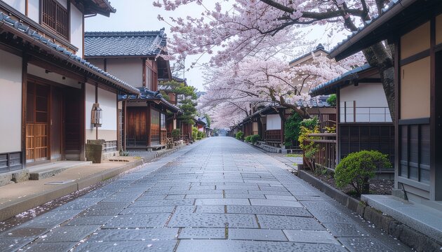 春の京都 祇園の石畳と桜の情景