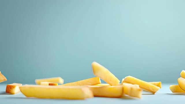 Golden french fries stacked in creative tower against minimalist background