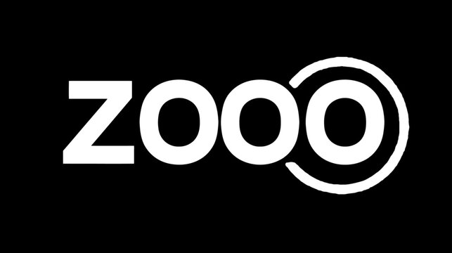 Clean minimalist white 'zooo' text with unique circular graphic on dark black background, simple typography design element