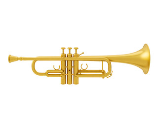 Fototapeta premium Golden trumpet isolated on white background, shiny brass instrument for music, orchestra, band, performance, close-up studio shot