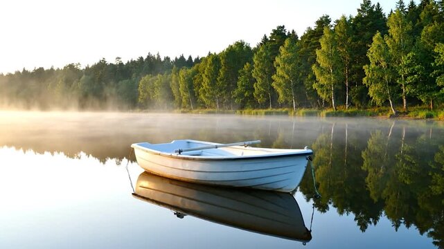 A white boat on a tranquil, misty lake, reflecting verdant trees and sky