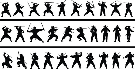 Fototapeta premium Set of twenty-five different black vector ninja warrior silhouettes in various action combat poses with swords, isolated on white background, perfect for design elements.