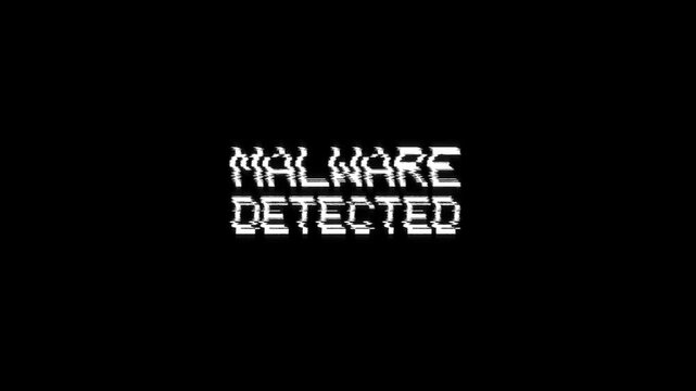 malware detected glitch text warning and alert animation, hacking message over computer program security infected malware found with a virus glitch background effect 2