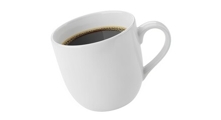 Classic White Coffee Mug at 45 Degree Angle with Rich Dark Coffee Drink on Clean Background