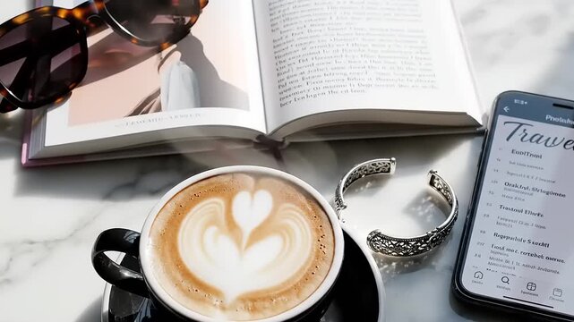 Coffee Cup with Latte Art on Marble Surface.