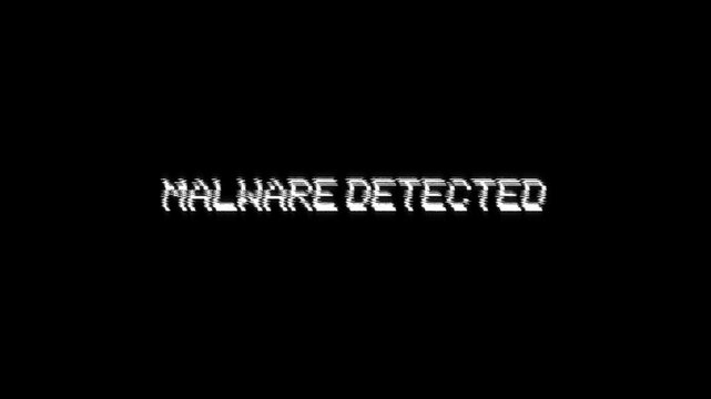 malware detected glitch text warning and alert animation, hacking message over computer program security infected malware found with a virus glitch background effect
